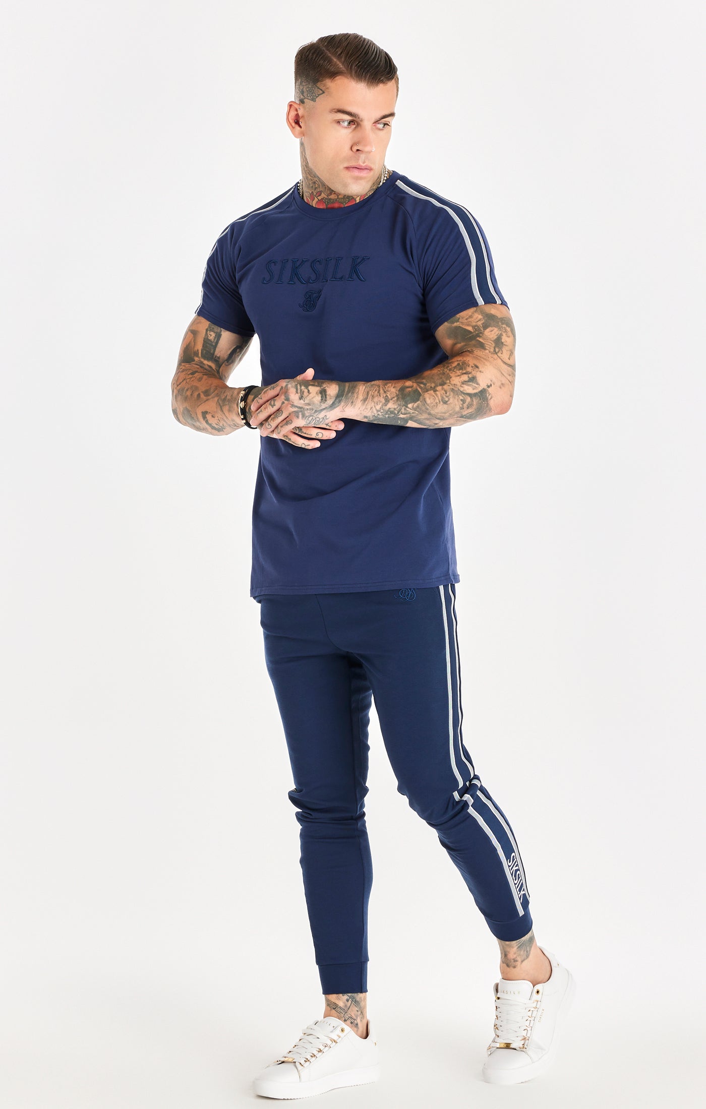Load image into Gallery viewer, Navy Knitted Tape Muscle Fit T-Shirt (2)