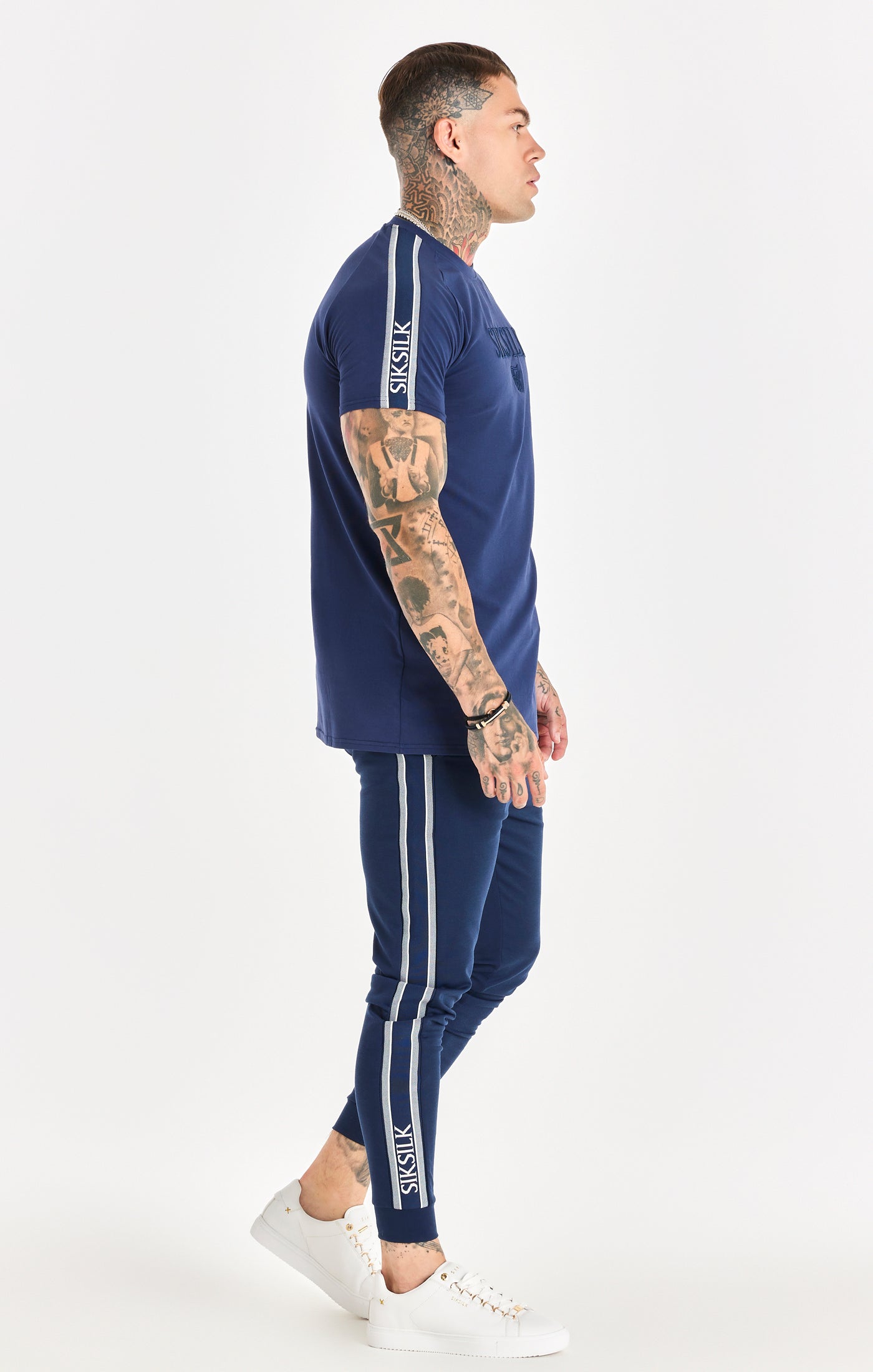 Load image into Gallery viewer, Navy Knitted Tape Muscle Fit T-Shirt (4)