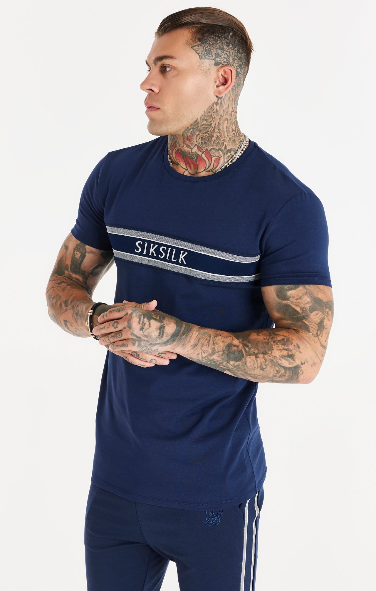 Navy Knitted Tape Muscle Fit T-Shirt