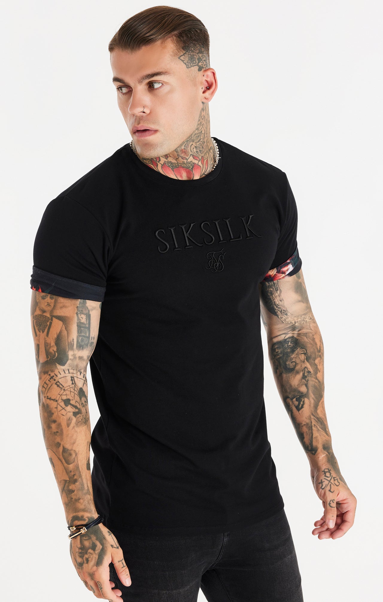 Black Floral Prints Roll Sleeve T-Shirt