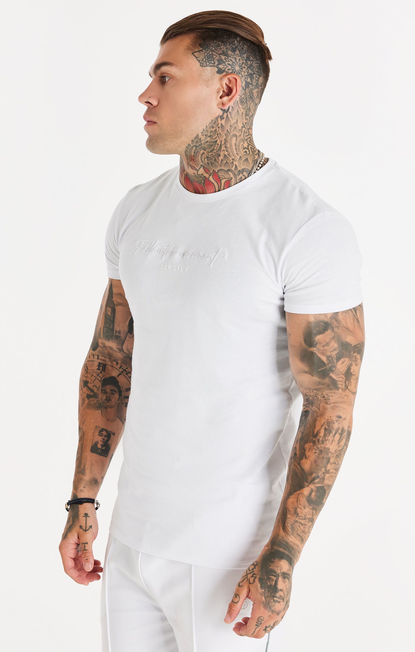 Load image into Gallery viewer, White Script Embroidery Muscle Fit T-Shirt