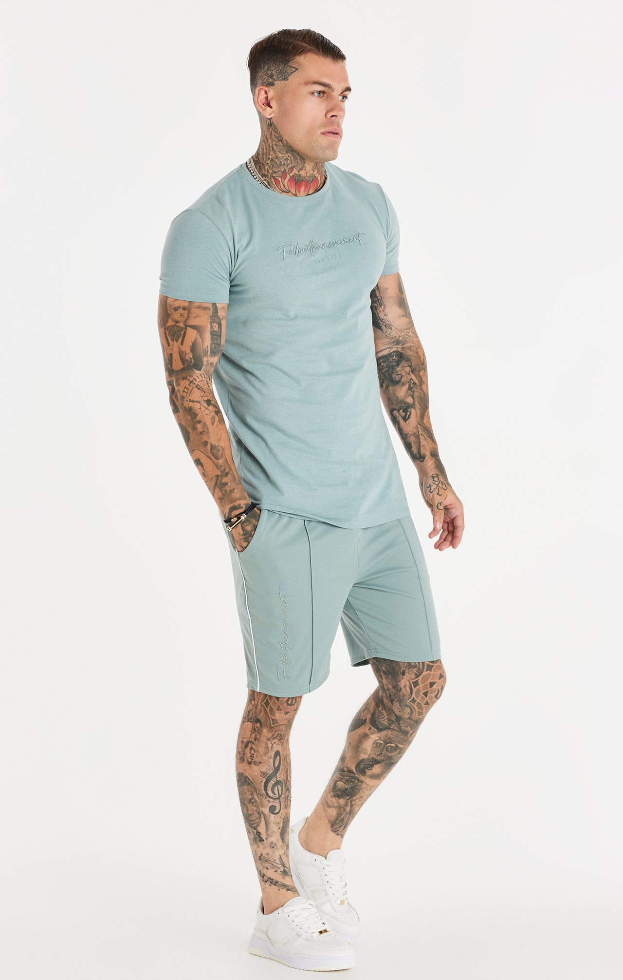 Teal Script Embroidery Muscle Fit T-Shirt (2)