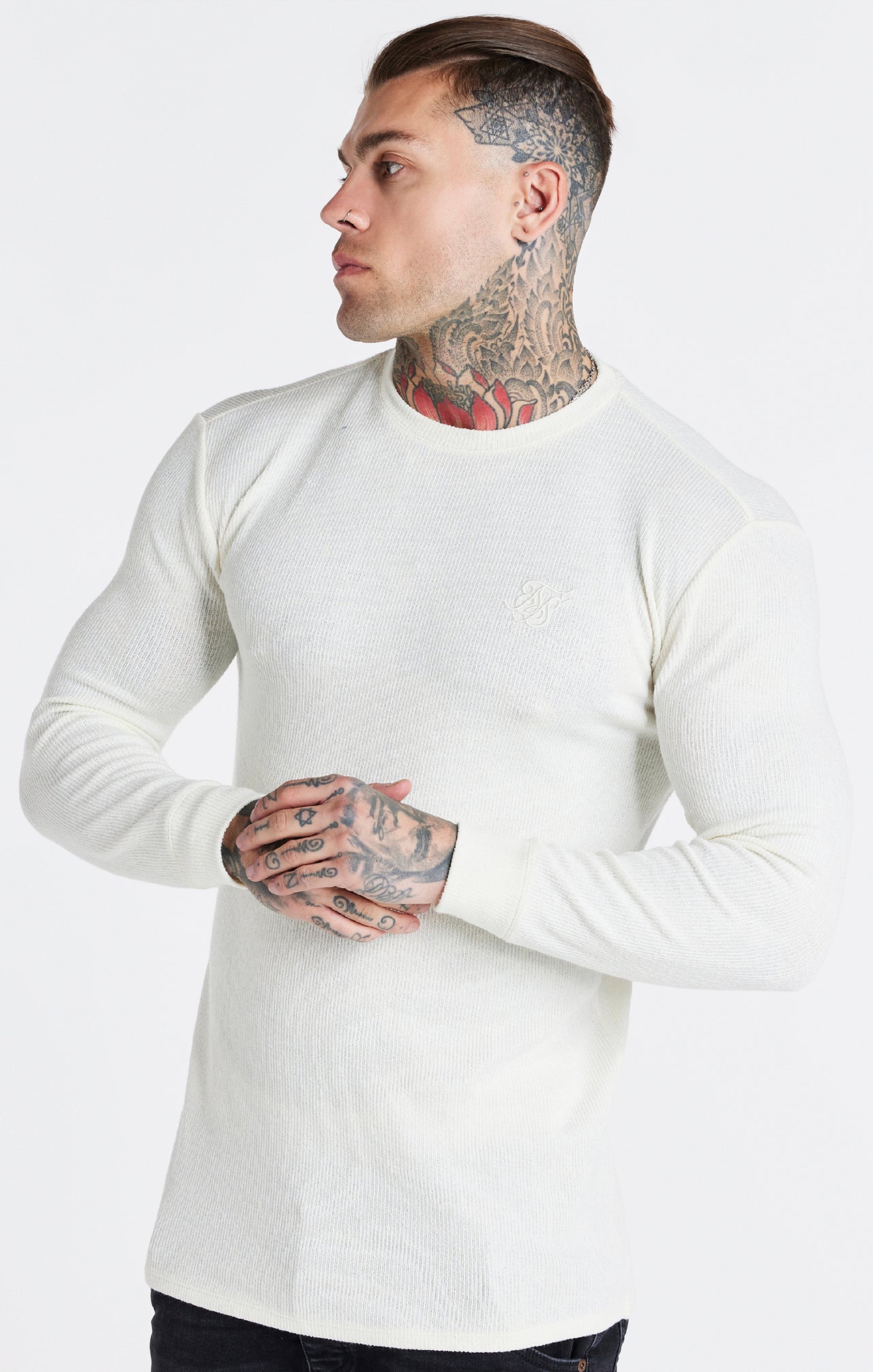 Ecru Long Sleeve Rib Muscle Fit T-Shirt