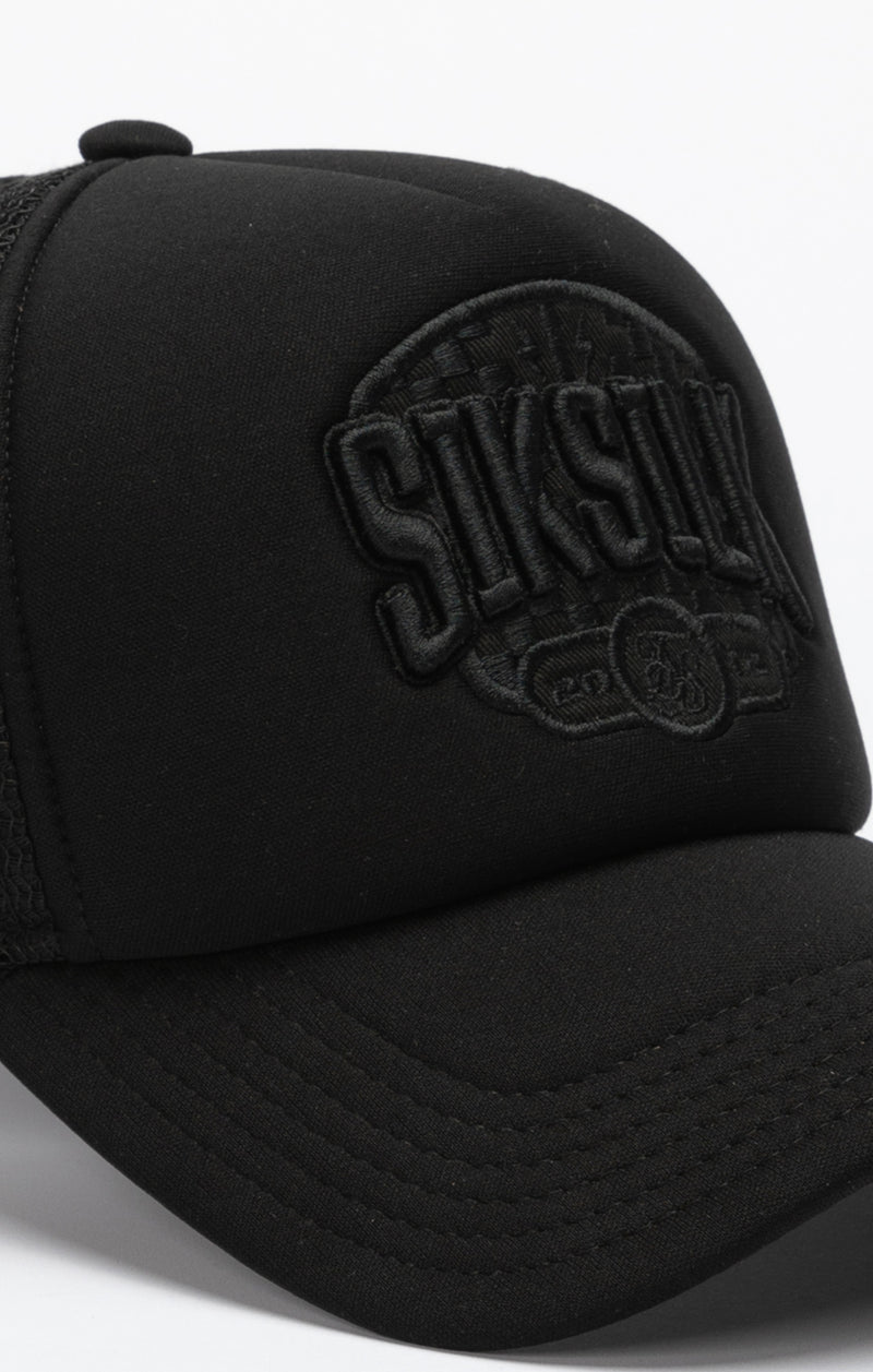 Black Applique Patch Foam Mesh Trucker Cap (1)