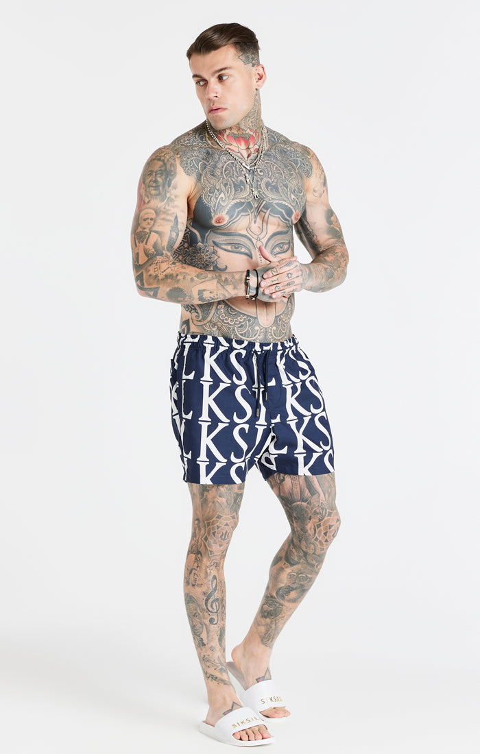 Load image into Gallery viewer, Navy Print Longline Swim Short (2)