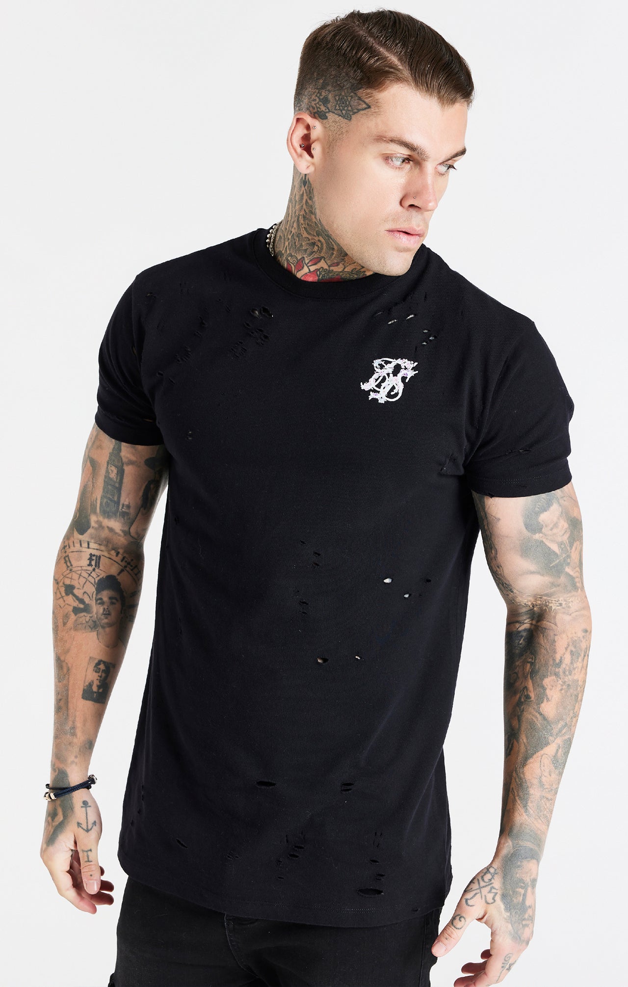 Black Distressed Floral Muscle Fit T-Shirt