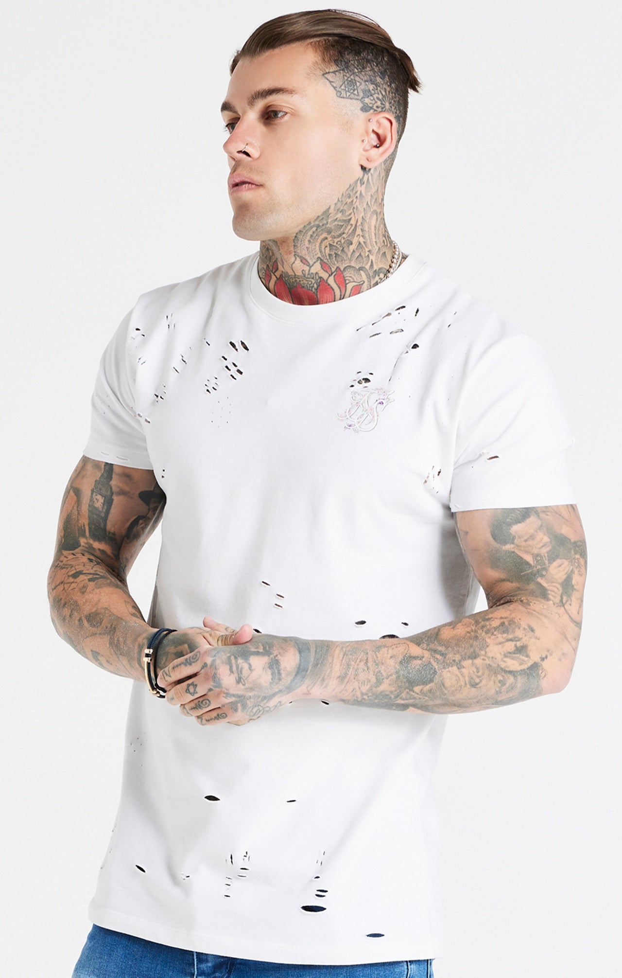 White Distressed Floral Muscle Fit T-Shirt (1)