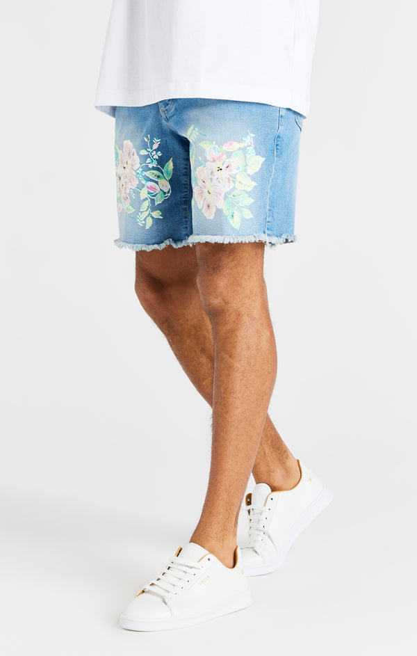 SikSilk Raw Floral Denim Shorts - Light Midstone Blue