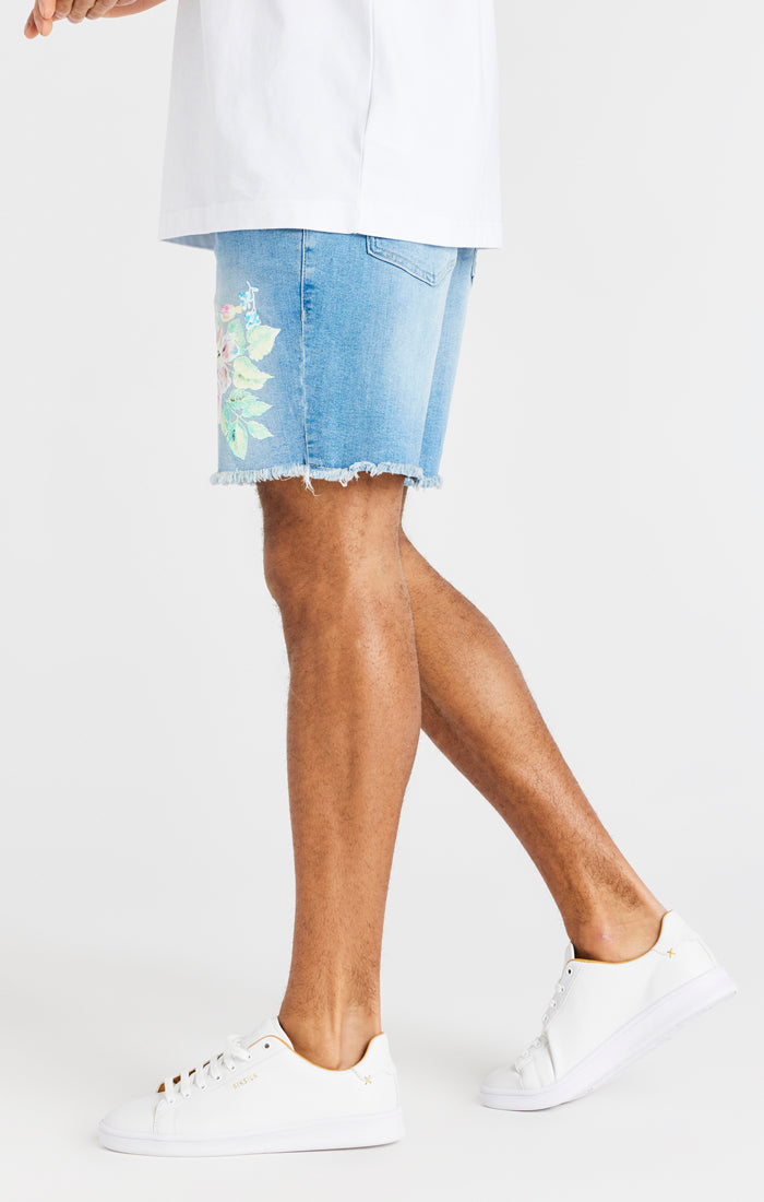 SikSilk Raw Floral Denim Shorts - Light Midstone Blue (3)