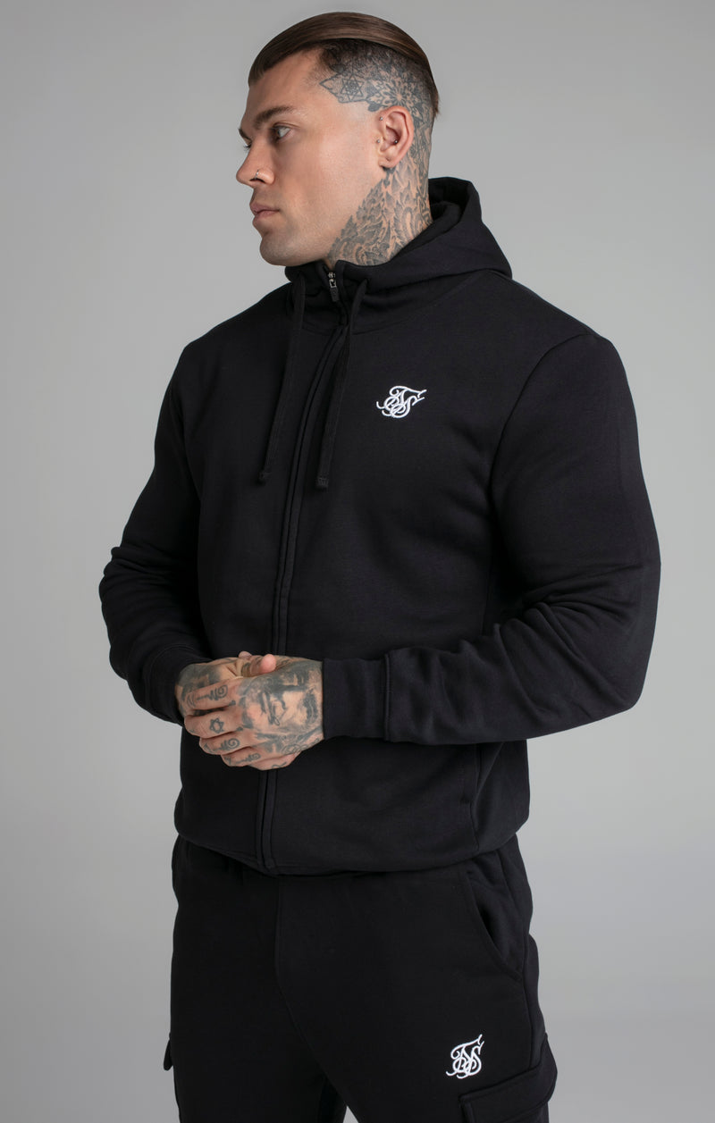 Black Essential Zip Through Funnel Neck Hoodie
