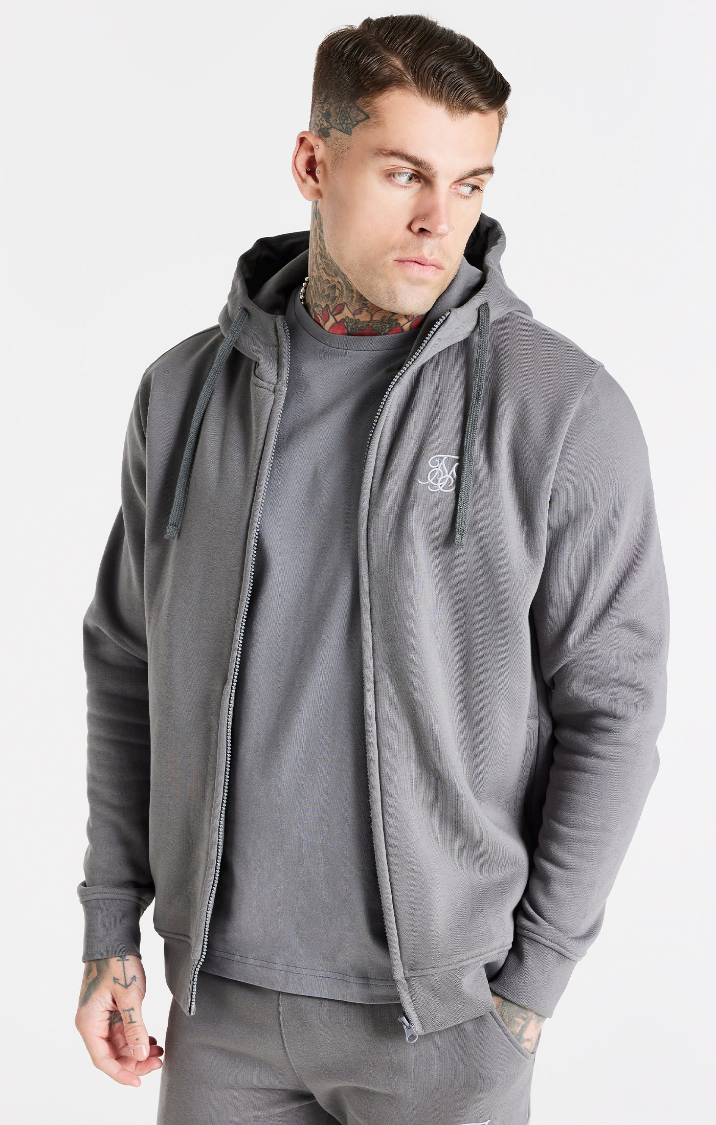 SikSilk Men s Grey Essential Zip Through Funnel Neck Hoodie