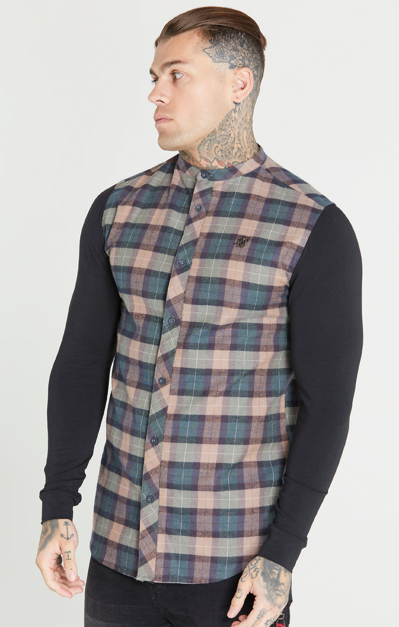 Black Flannel Check Grandad Shirt