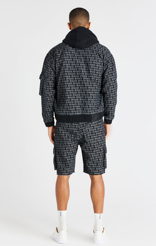 Black Jacquard Denim Cargo Short