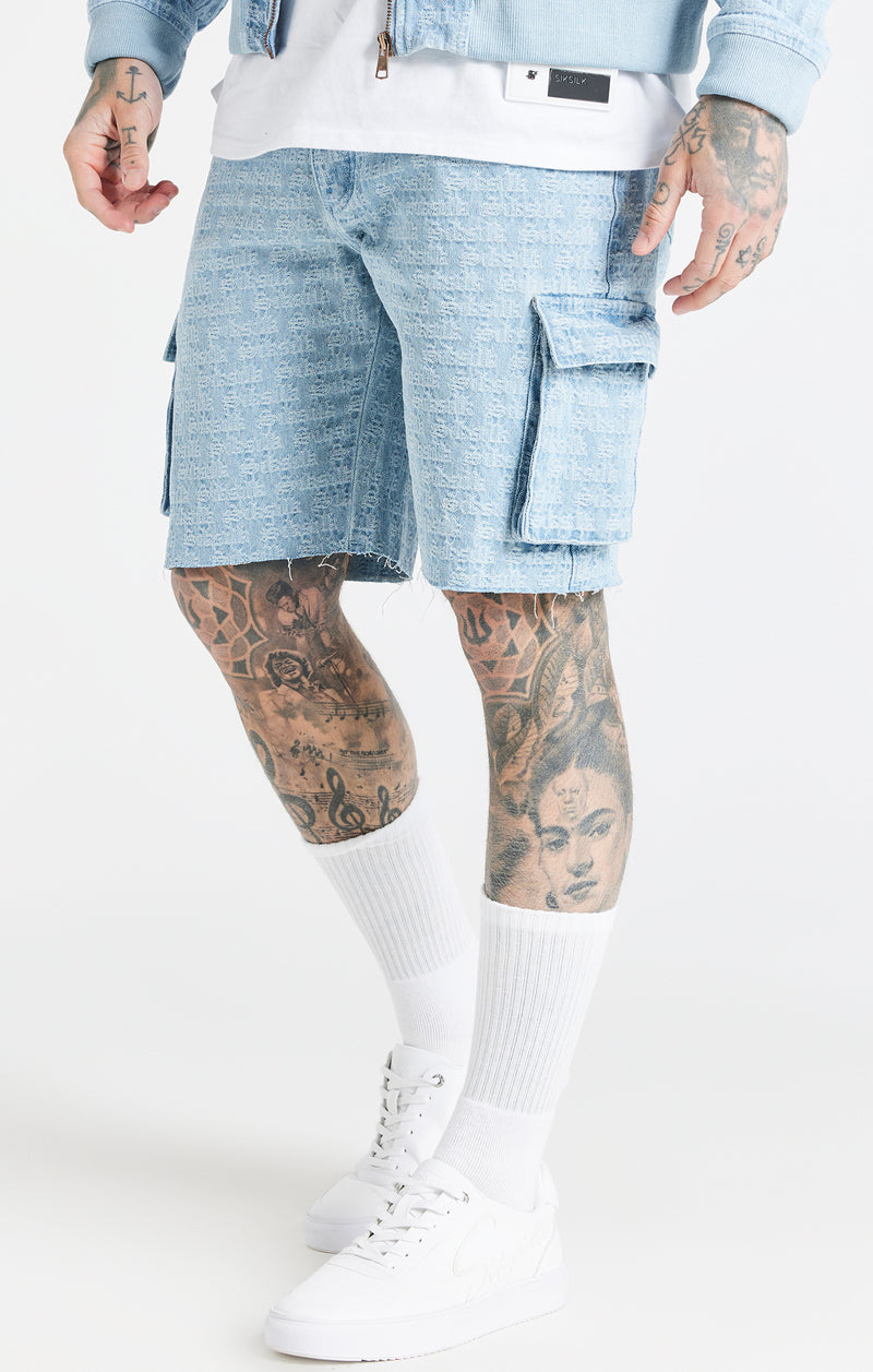 Blue Jacquard Denim Cargo Short