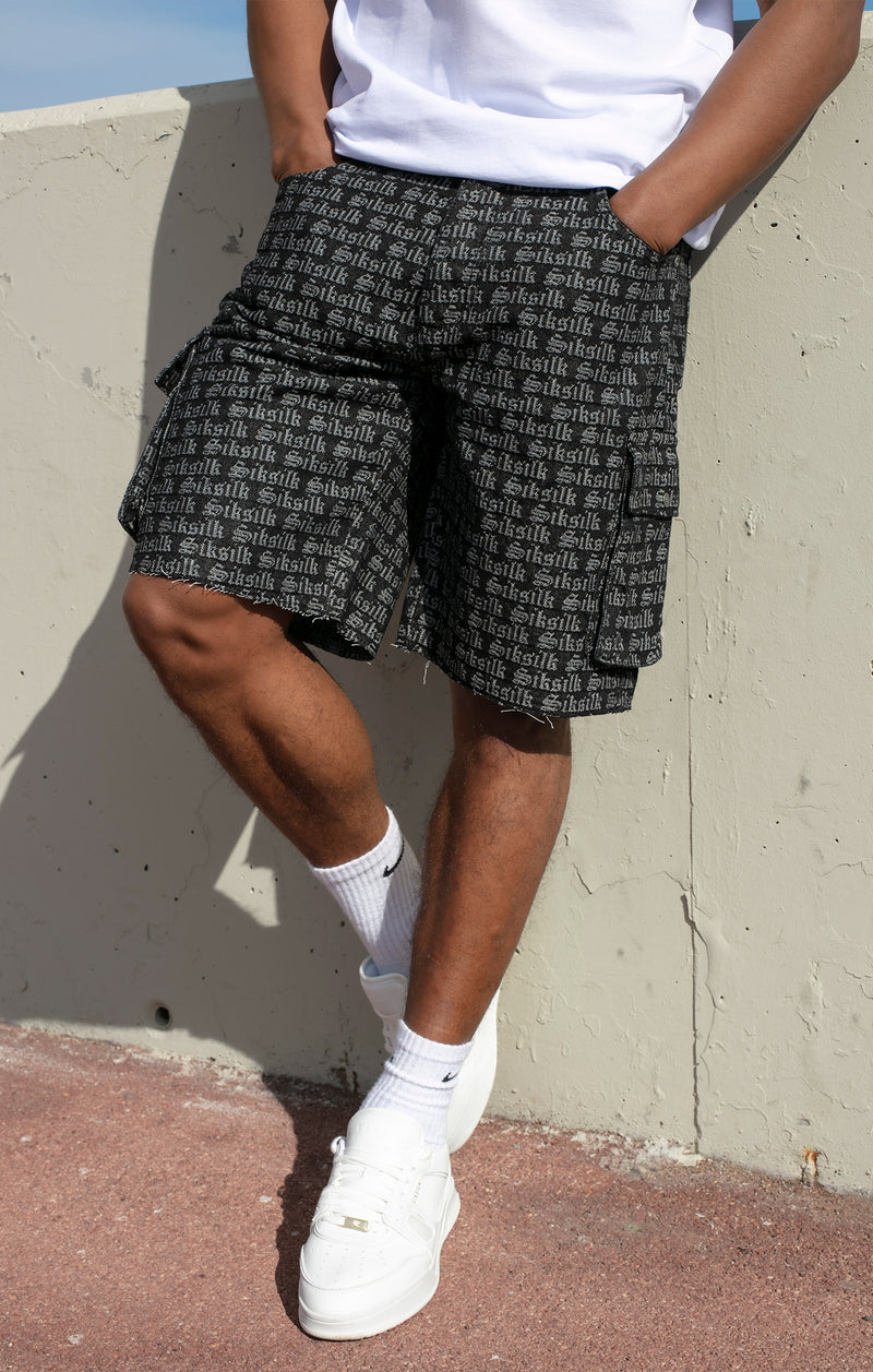 Black Jacquard Denim Cargo Short