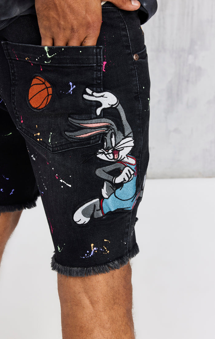 Black Space Jam x SikSilk Applique Distressed Denim Short (1)