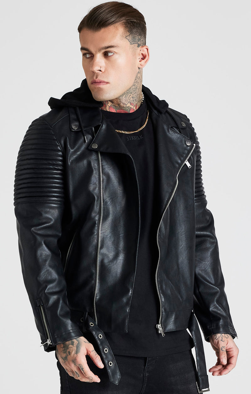 Black Hooded Detail Biker Jacket