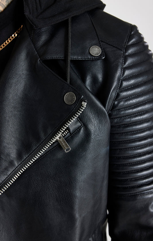 Black Hooded Detail Biker Jacket