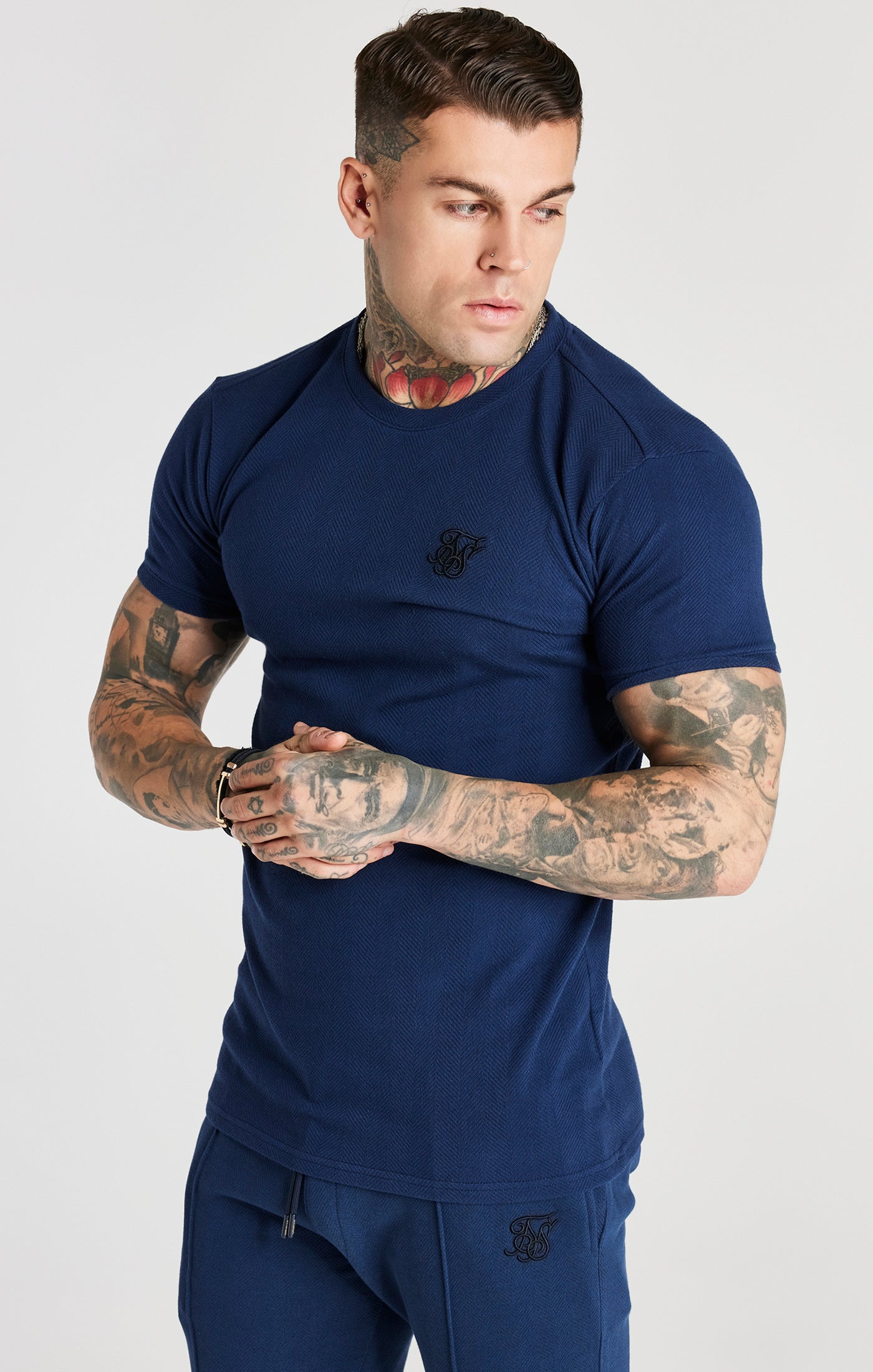 Load image into Gallery viewer, Navy Herringbone Muscle Fit T-Shirt (4)