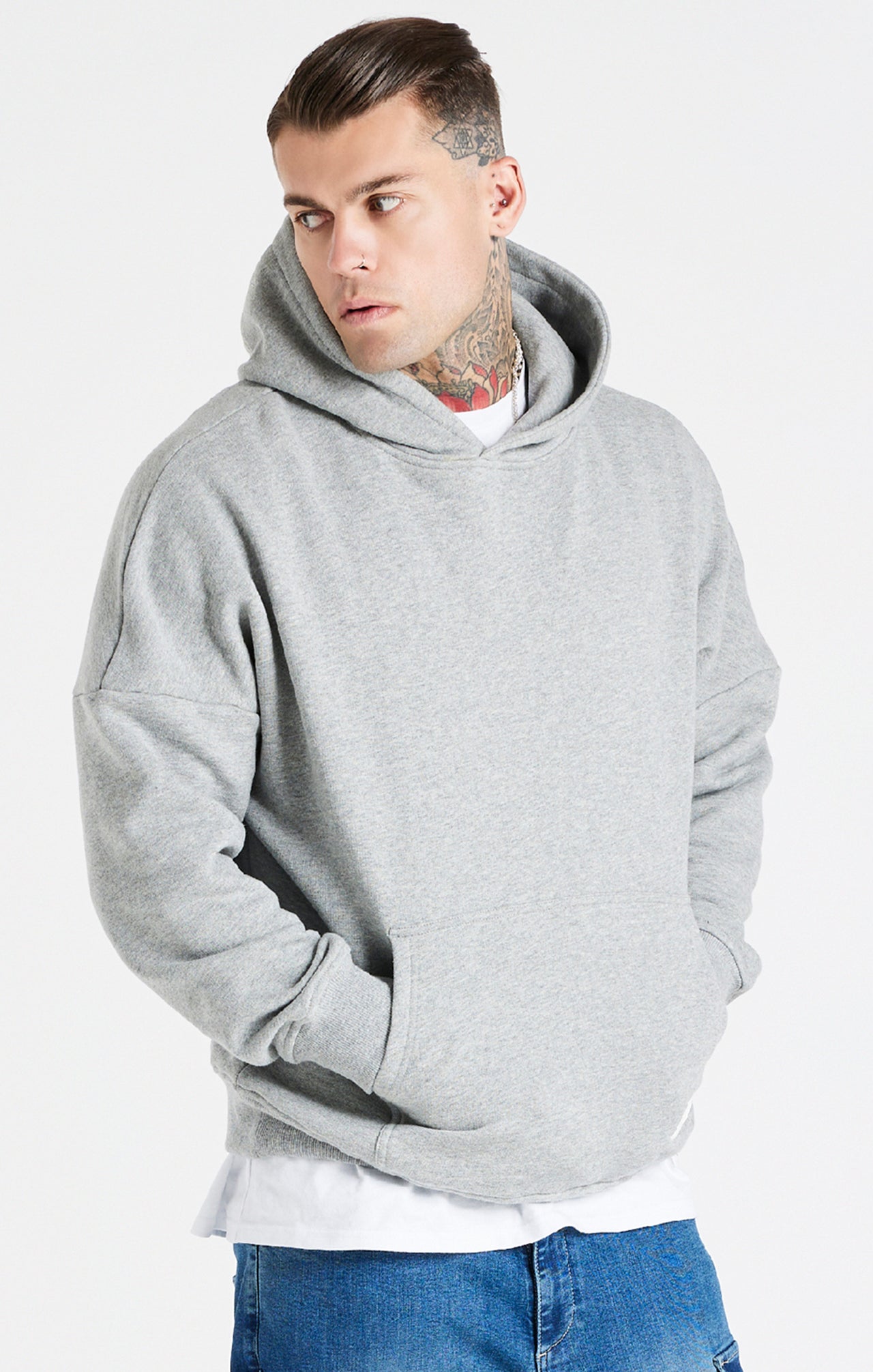 SikSilk Drop Shoulder Relaxed Fit Hoodie - Grey Marl