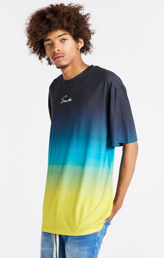 SikSilk Retro Flash Relaxed Fit Tee - Black Teal & Lime