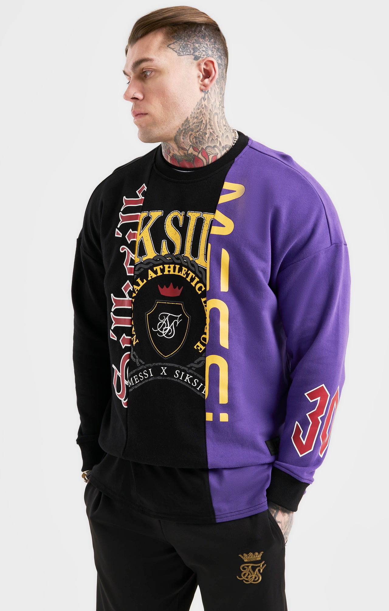 Messi x SikSilk Retro Varsity  Crew Sweater - Black & Purple