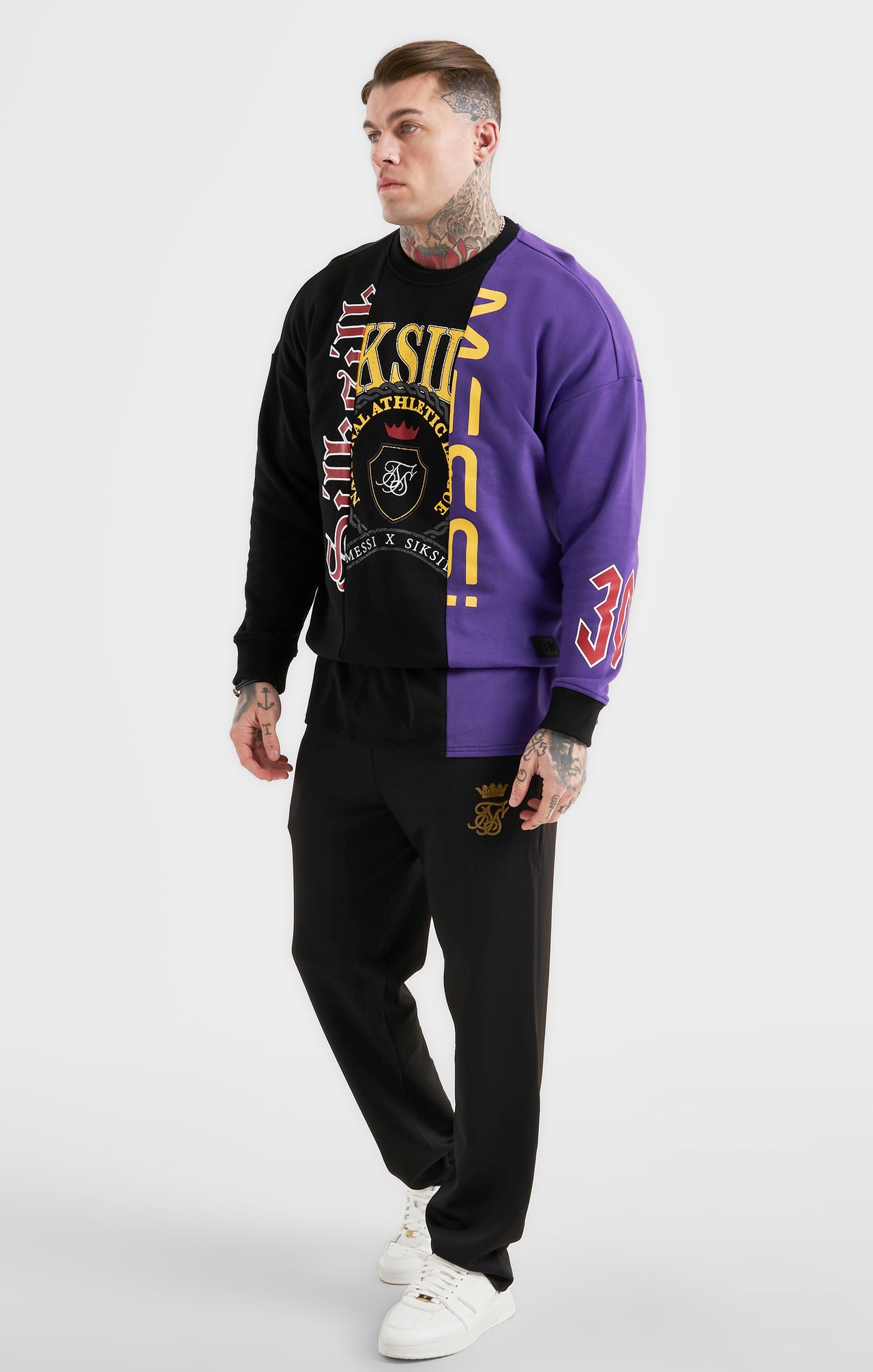 Messi x SikSilk Retro Varsity  Crew Sweater - Black & Purple (2)