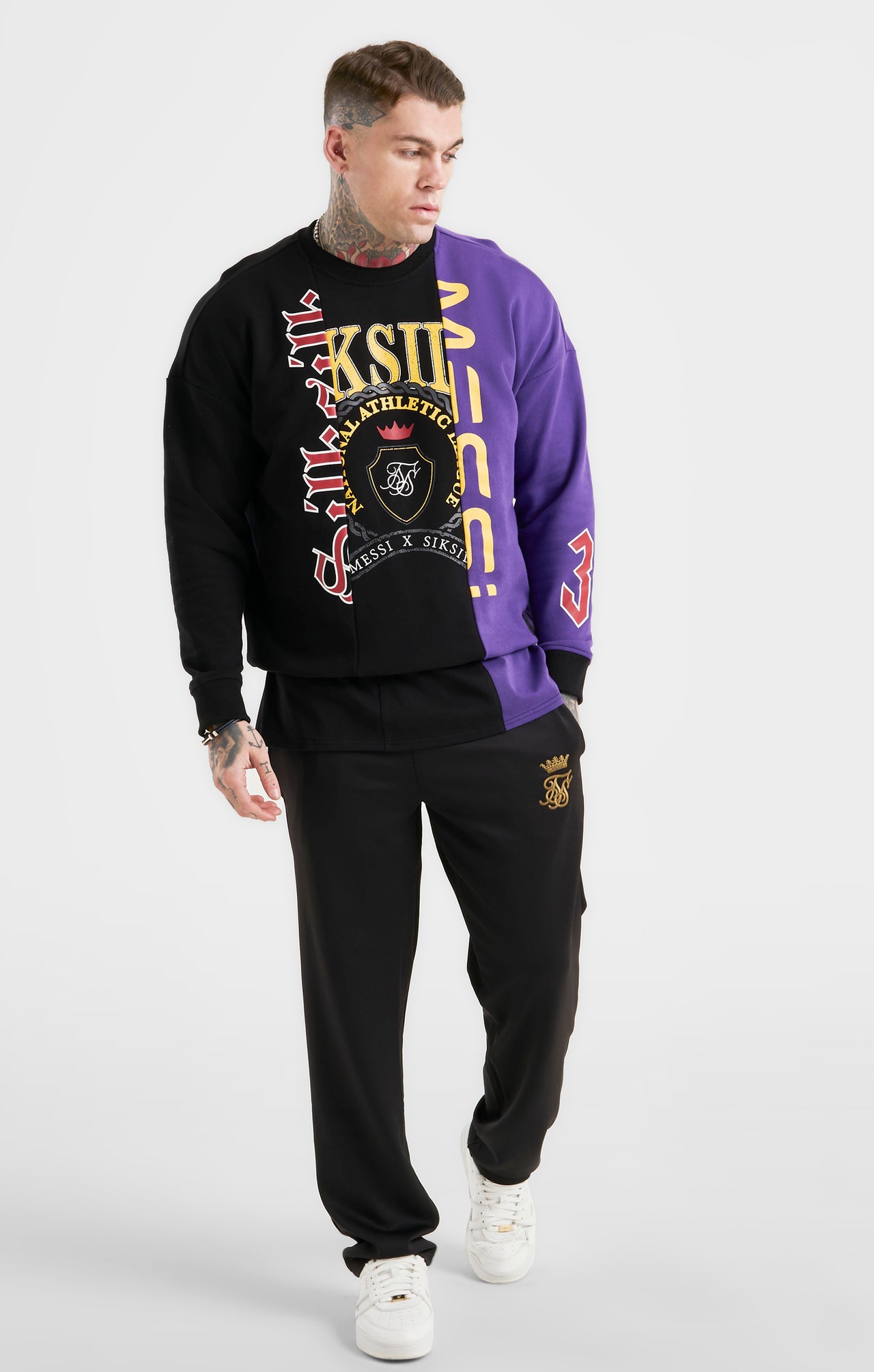 Messi x SikSilk Retro Varsity  Crew Sweater - Black & Purple (3)