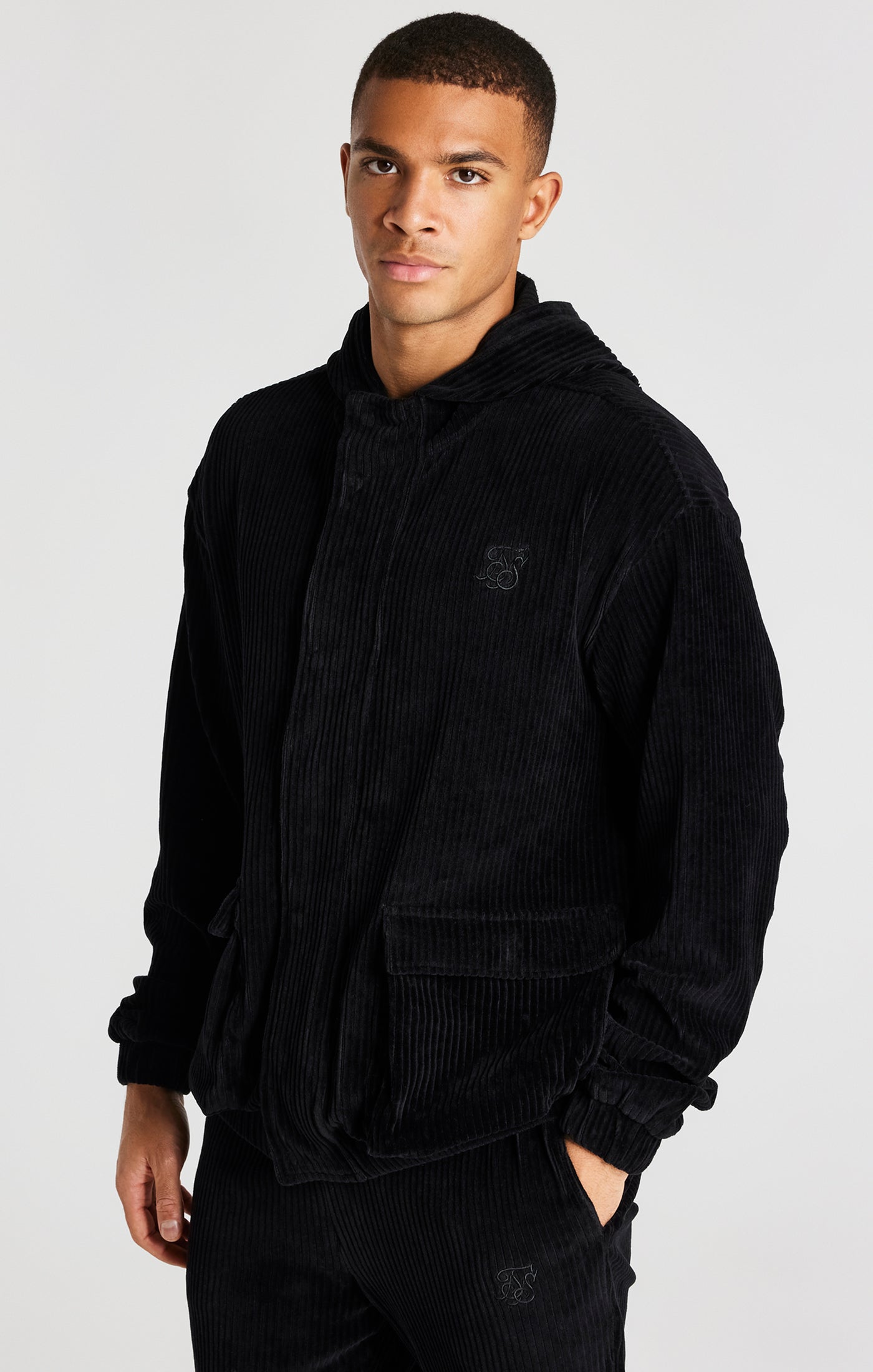 Black Corduroy Zip Thru Jacket