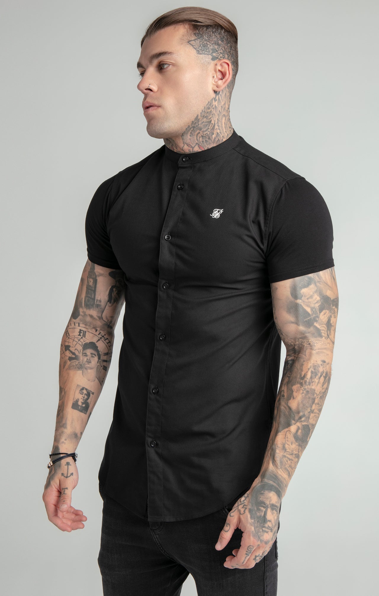 Black Short Sleeve Grandad Collar Shirt