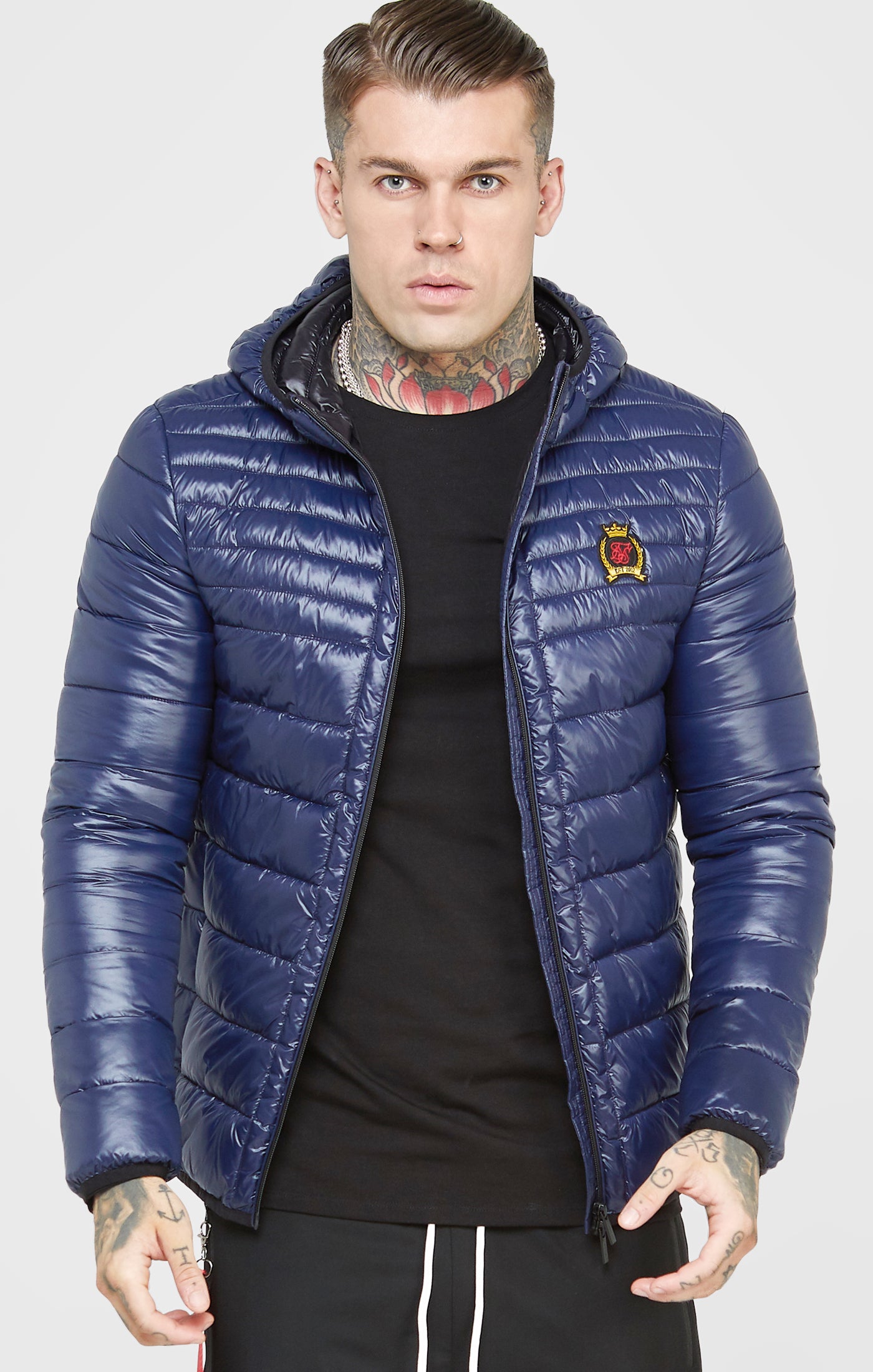 Siksilk puffer parka jacket with online faux fur hood in black