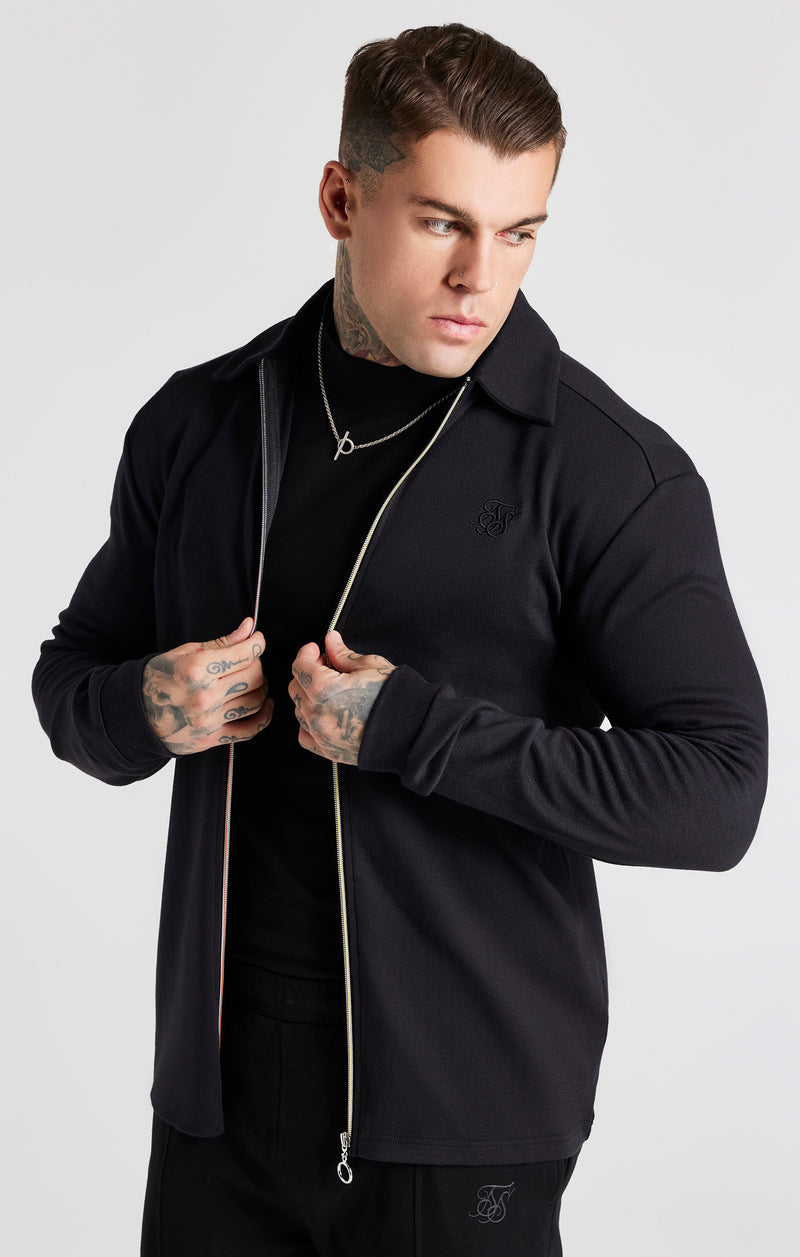 Black Herringbone Zip Thru Shirt