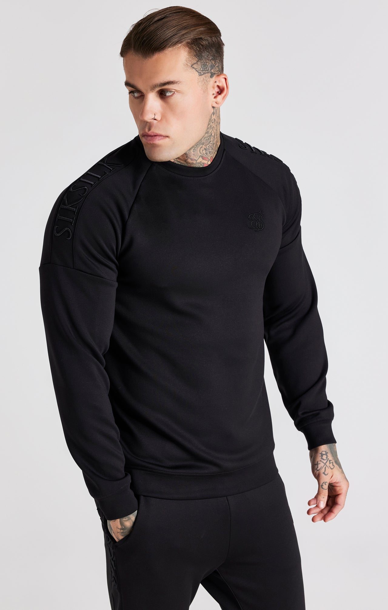 Black Muscle Fit Embroidery Sweatshirt