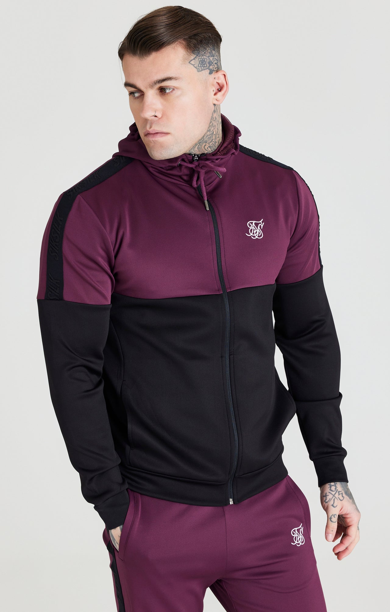 SikSilk Cut & Sew Zip Through Hood - Burgundy & Black