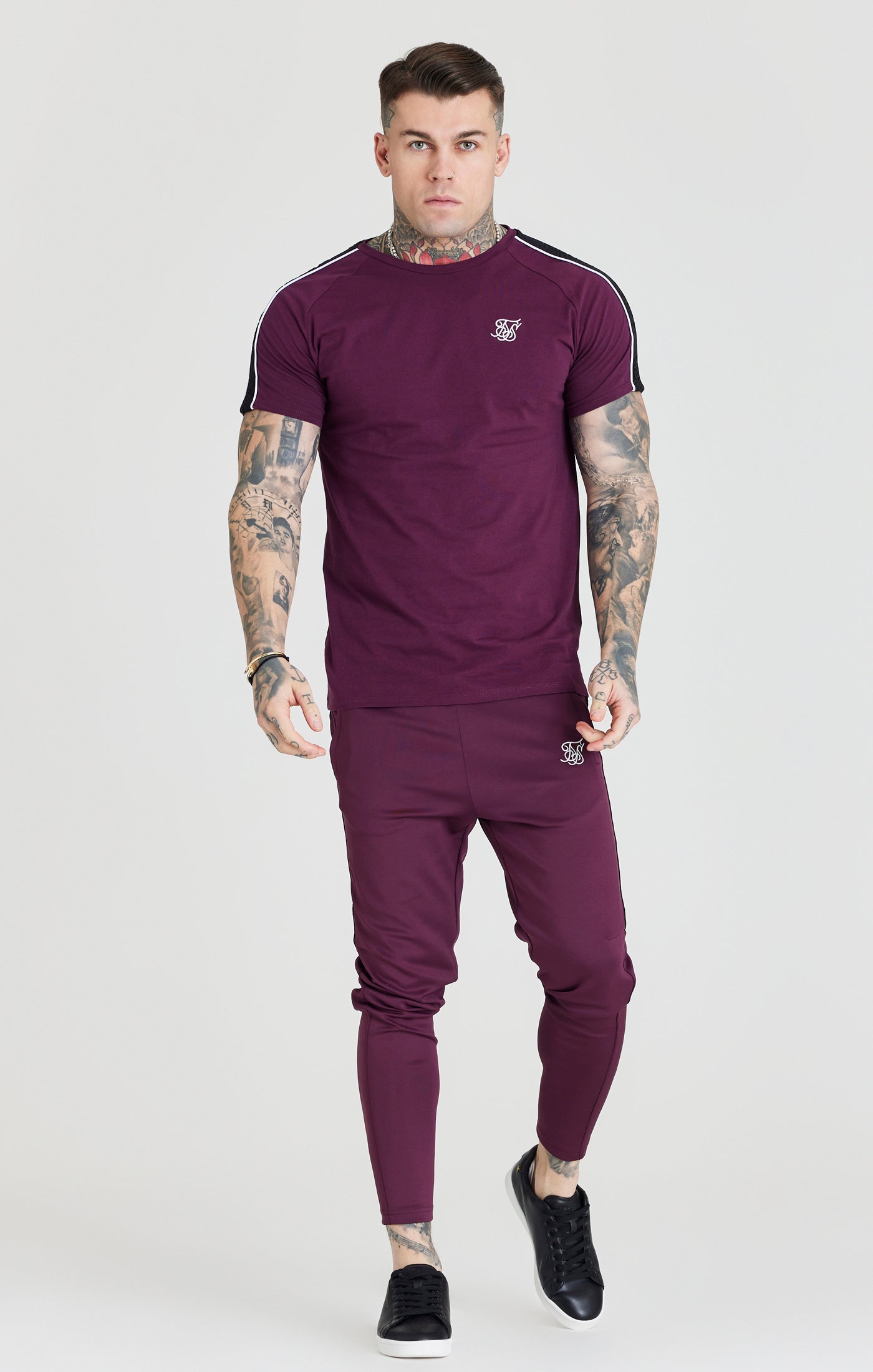 Load image into Gallery viewer, SikSilk Taped Athlete Loose Fit Pant - Burgundy &amp; Black (3)