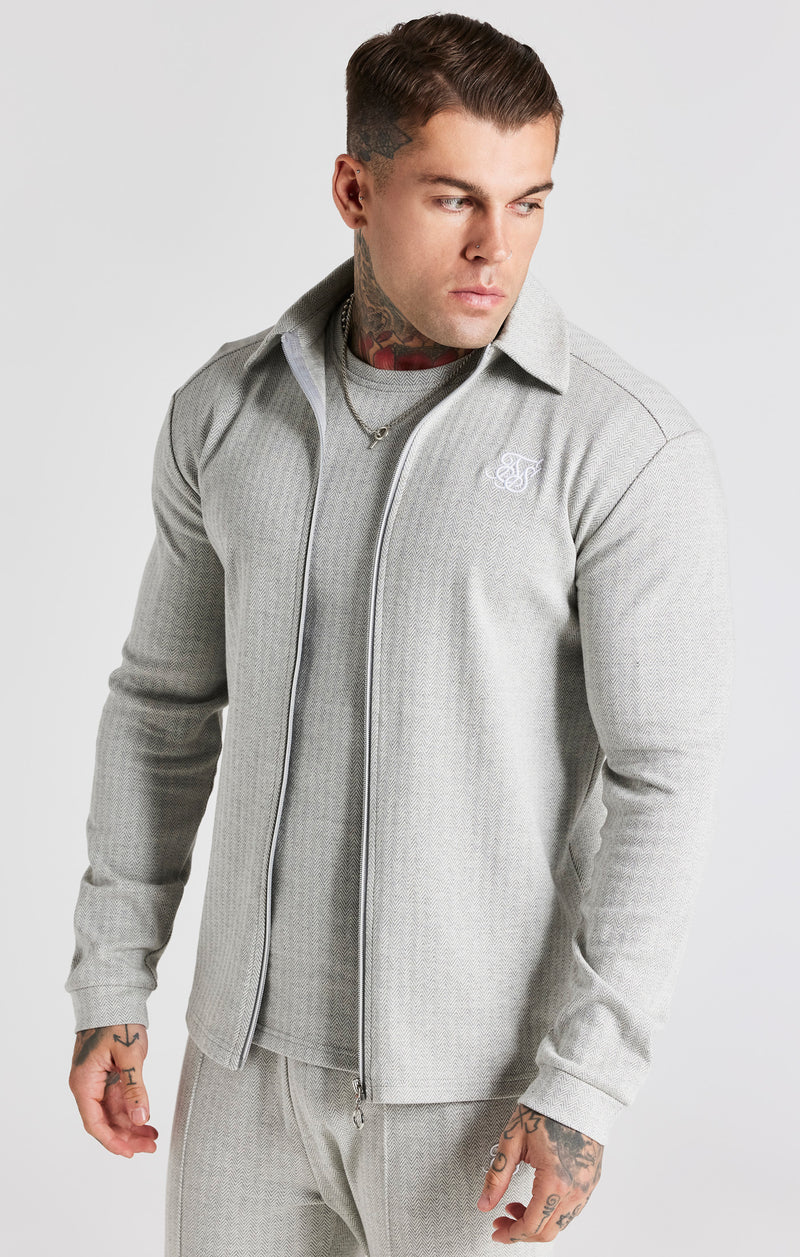 Grey Herringbone Zip Thru Shirt