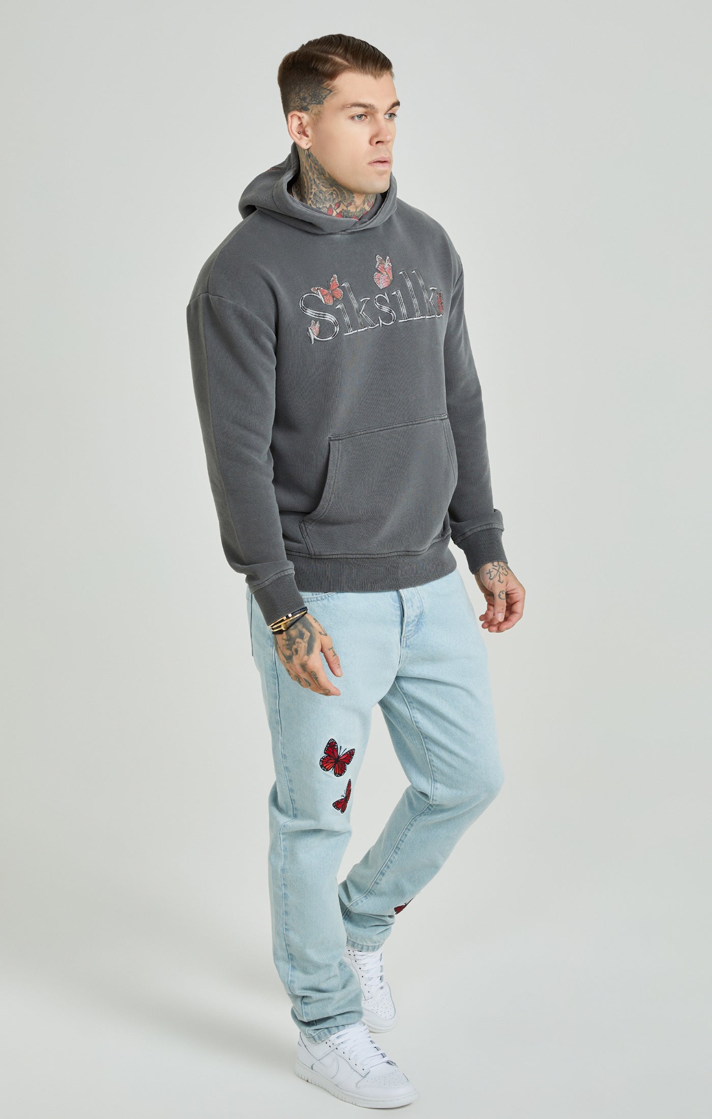Load image into Gallery viewer, Grey Washed Butterfly Oversized Overhead Hoodie (3)