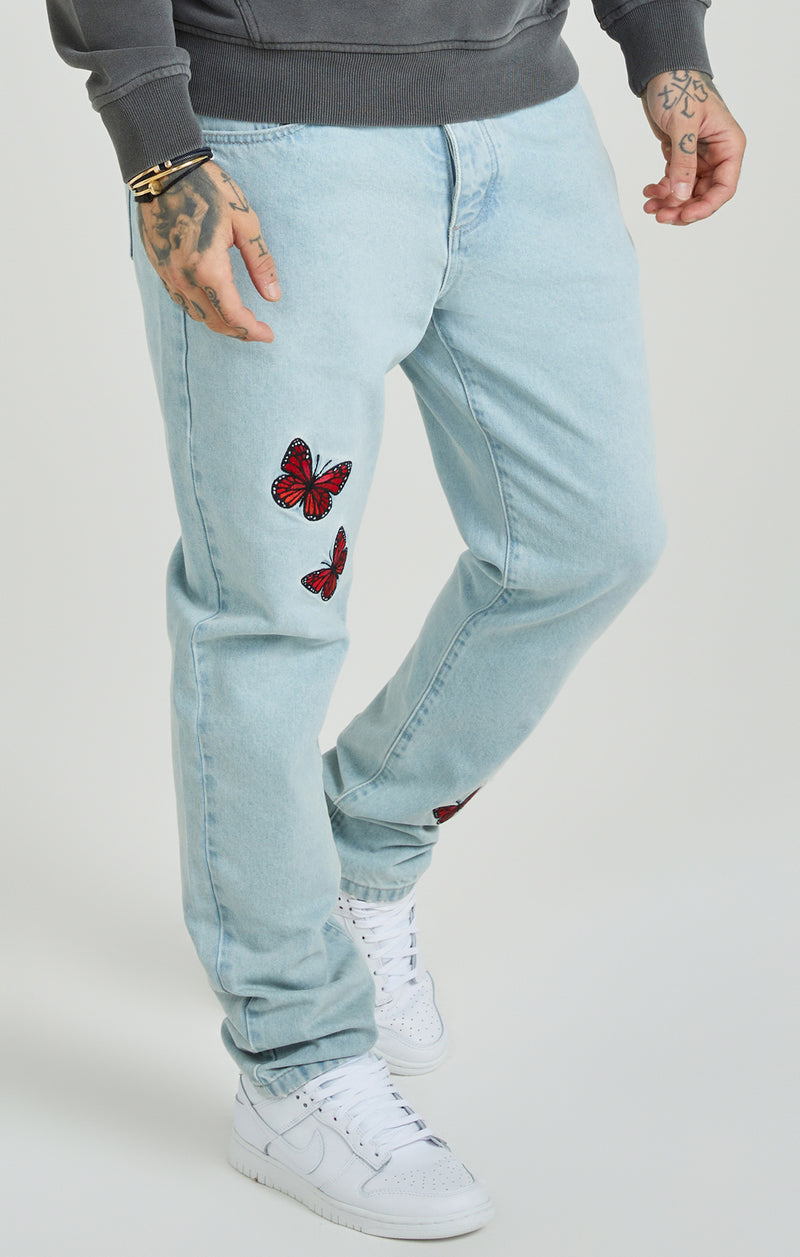 Light Blue Wash Butterfly Straight Cut Denim Jeans