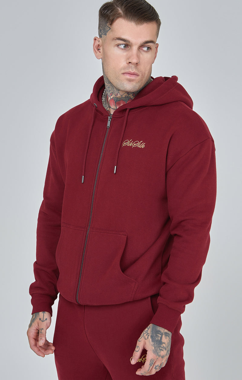 Burgundy Script Logo Relaxed Fit Zip Thru Hoodie