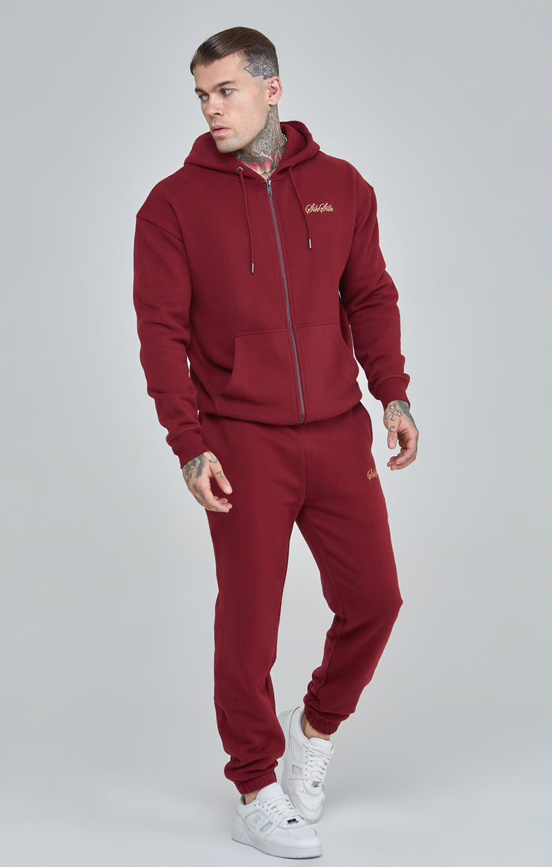 Burgundy Script Logo Relaxed Fit Zip Thru Hoodie (1)