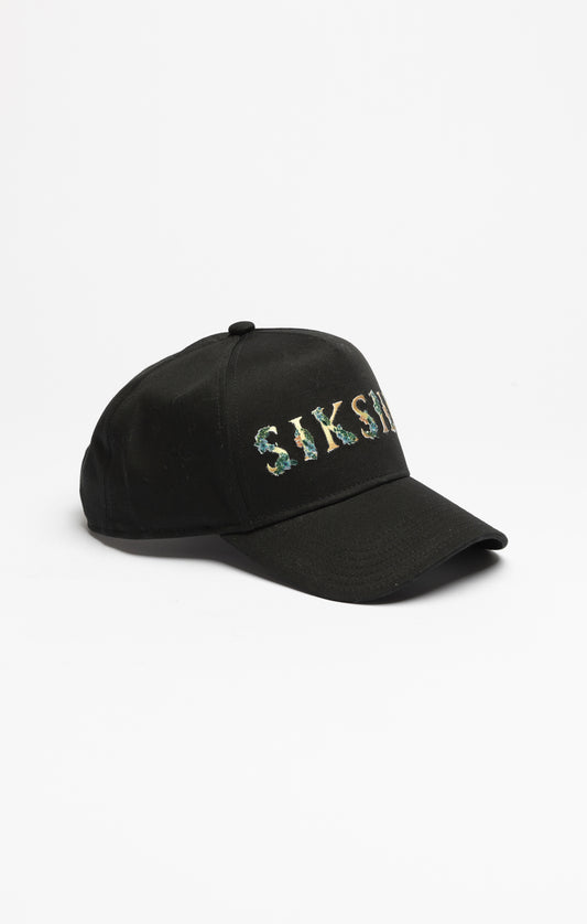 Black Floral Embroidery Trucker Cap
