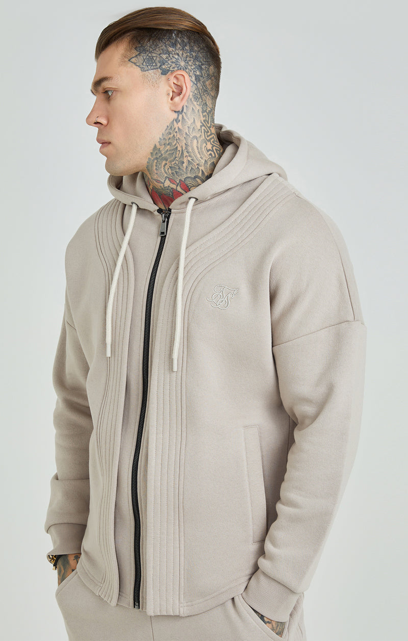 Beige Dual Layer Baseball Zip-Thru Hoodie