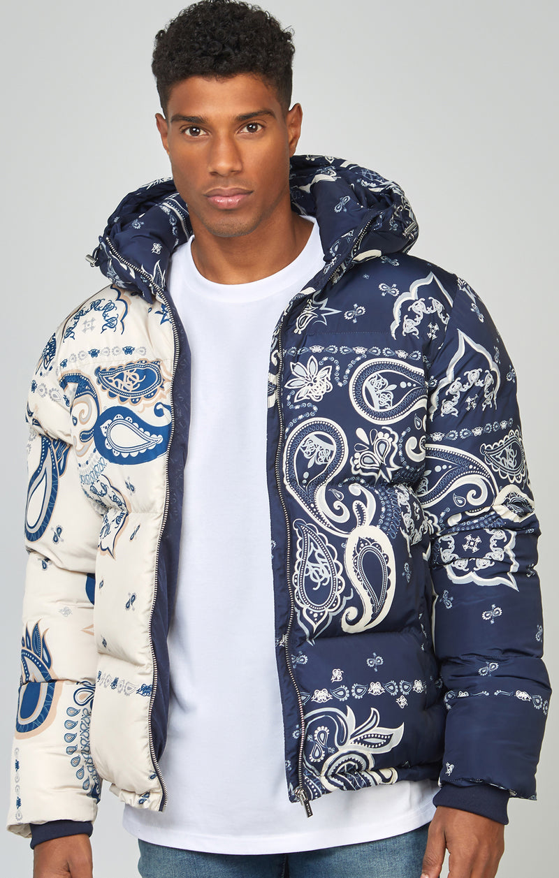 Navy Cut & Sew Paisley Puffa Jacket