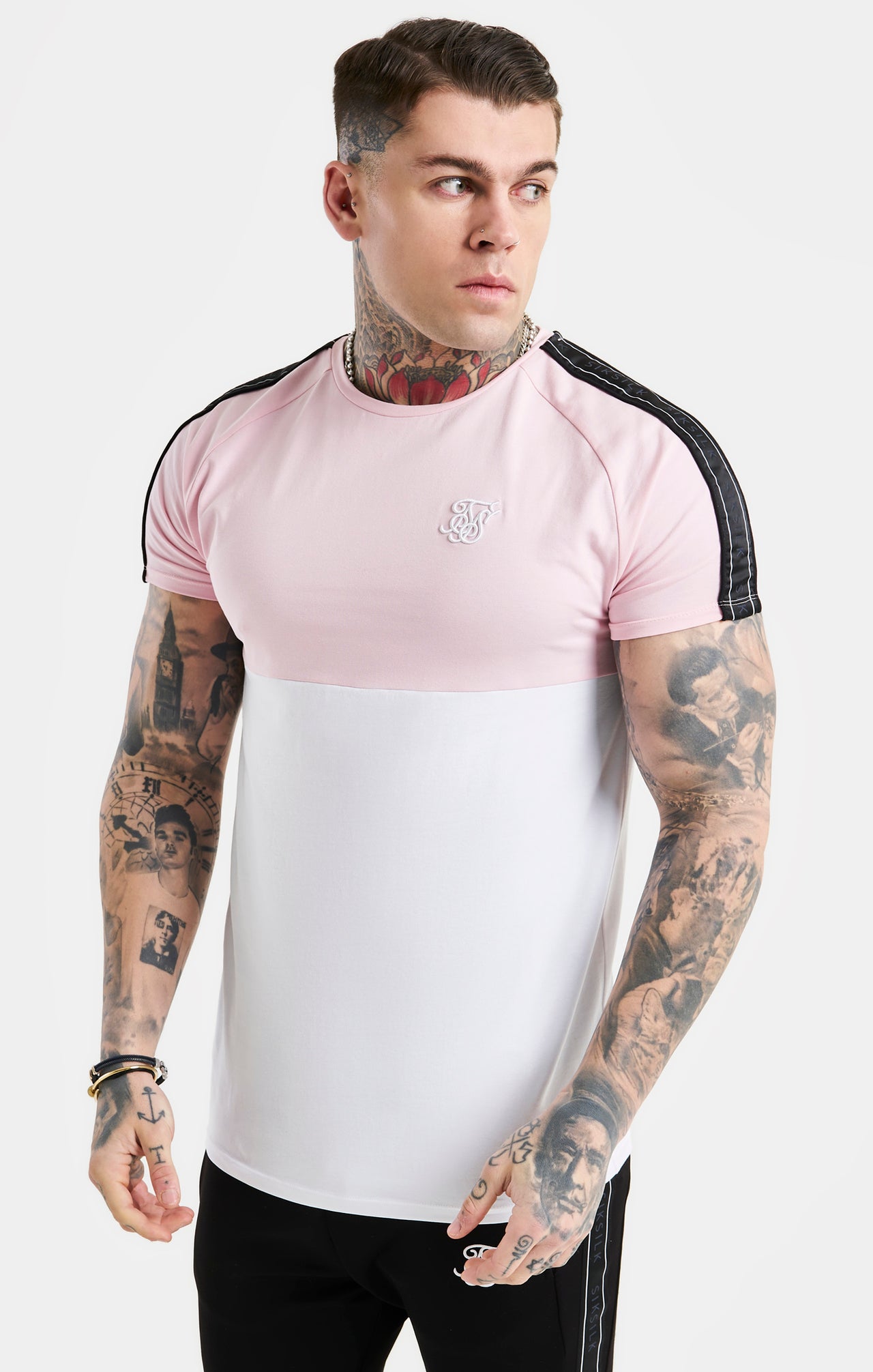 SikSilk Cut & Sew Taped Tee - Pink & White