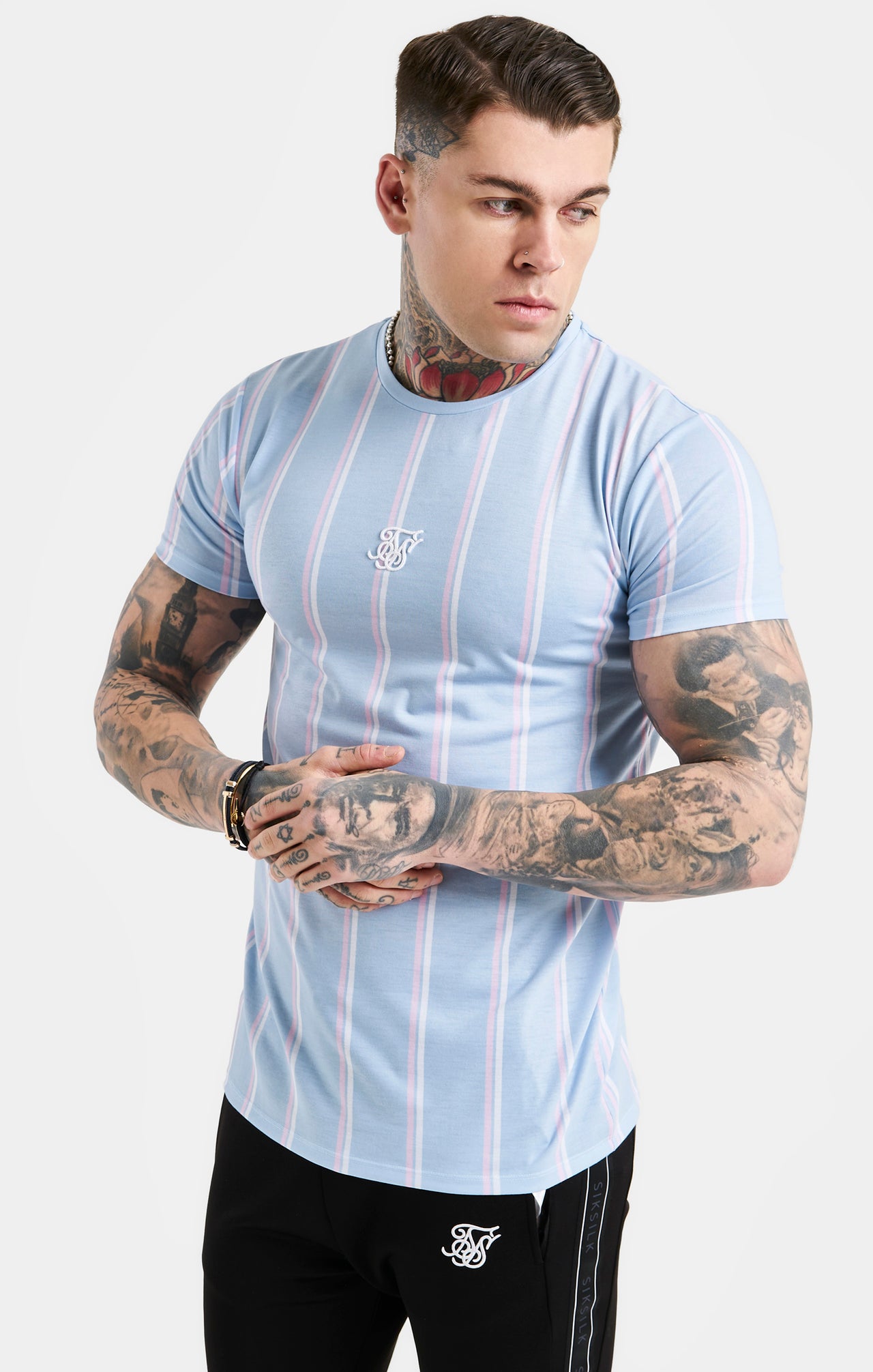 SikSilk Striped Tee - Blue, Pink & White