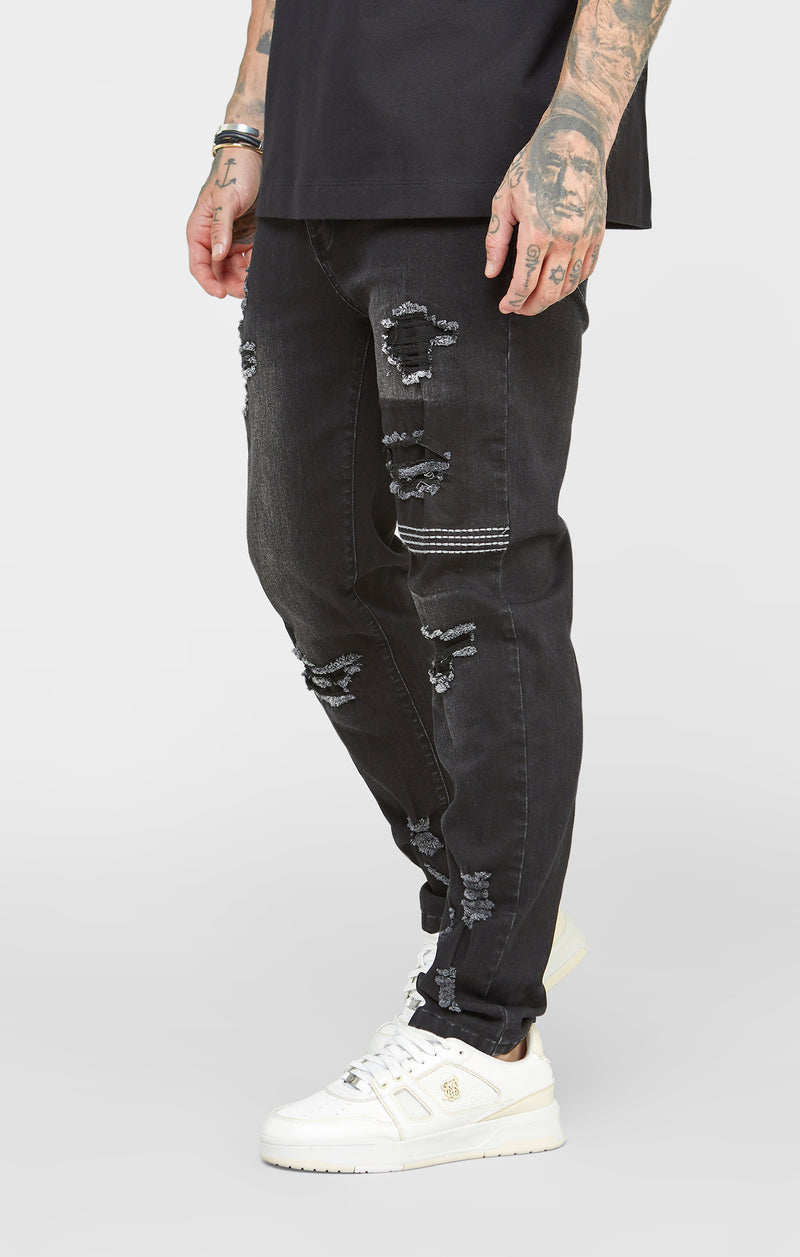 Black Patchwork Distressed Slim Denim Jean