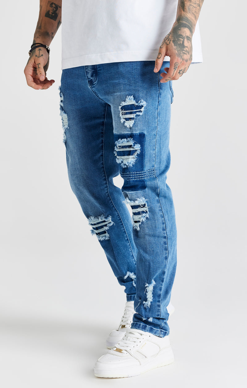 Blue Patchwork Distressed Slim Denim Jean
