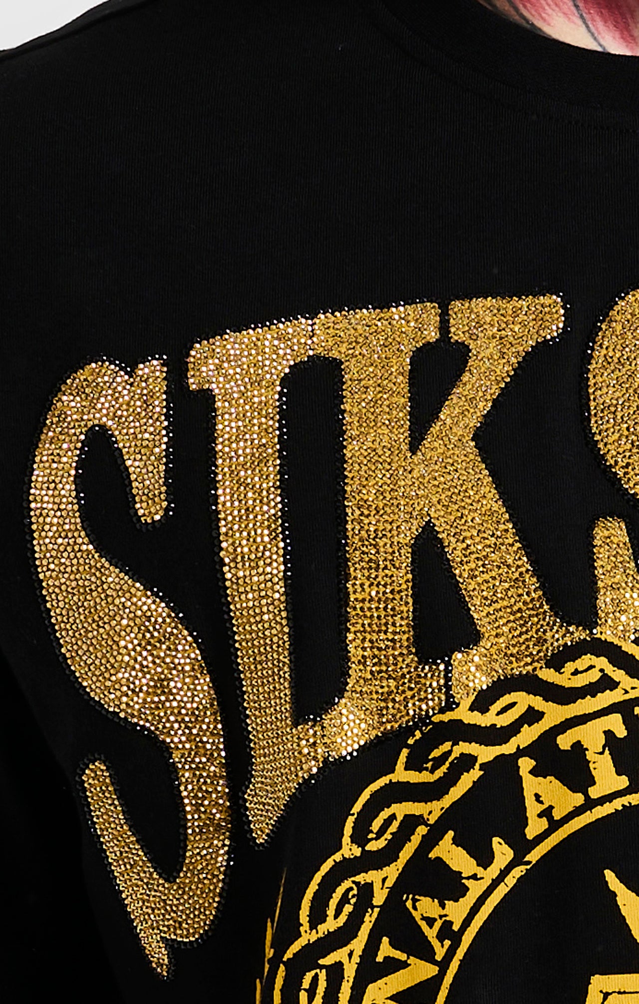 SikSilk Oversized Rhinestone Varsity T-Shirt - Black & Gold (1)