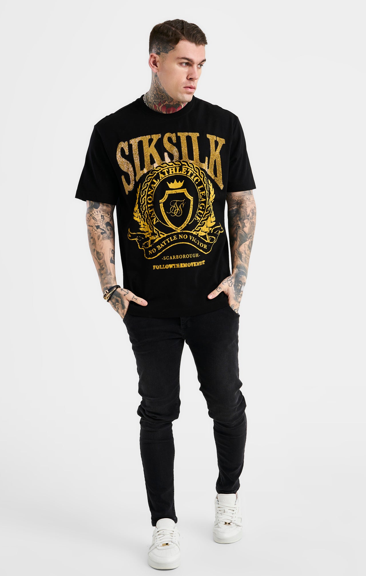 SikSilk Oversized Rhinestone Varsity T-Shirt - Black & Gold (2)