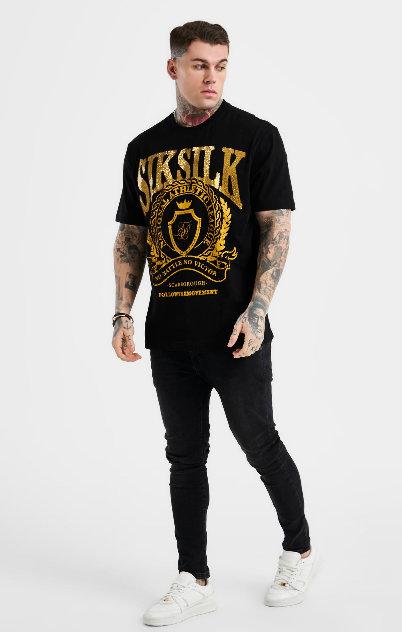 SikSilk Oversized Rhinestone Varsity T-Shirt - Black & Gold (3)